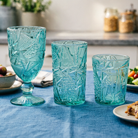 Gobelets à vin en verre turquoise faits à la main de luxe, design géométrique en relief, sans plomb, capacité de 320 ml, lavables au lave-vaisselle, écologiques