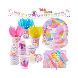 Fournitures de fête d'anniversaire rose licorne DAMAI avec bannière pour filles, ensemble de vaisselle jetable avec assiettes, gobelets, serviettes et couverts pour enfants - Product Image 1