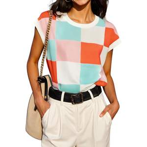 Womens Summer Casual <b>Sweater</b> Crop Tops Crew Neck Knit with Cap Sleeves and Color Block Design - Product Image 1