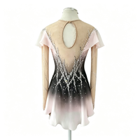 Costume de patinage artistique noir et rose ombré avec manches à volants, dos en V profond en maille et jupe ornée de strass pour enfants et filles, idéal pour les spectacles