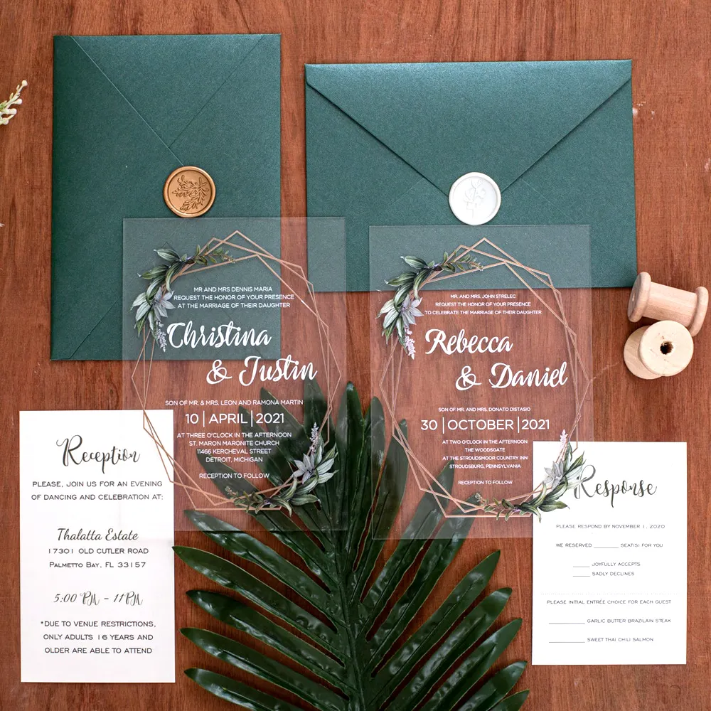 Set di inviti floreali fantasia economici inviti di nozze in acrilico carte burterfly verdi stampa personalizzata in acrilico