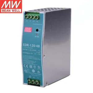 Mean Well EDR-120-48 DIN rail industrial power supply with output voltages of 75W, 120W, and 150W in DC and 12V, 24V, 48V