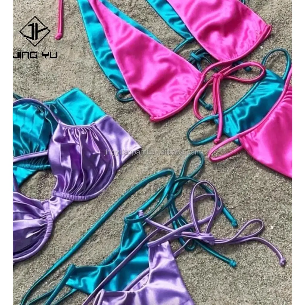 2024 personalización gran oferta tela ecológica reciclada sostenible traje de baño mujeres dos piezas traje de baño tendencia Bikinis de satén