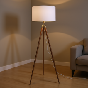 Lampe sur pied Celeste, base en bois de noyer, abat-jour en tissu blanc, design mid-century, source lumineuse LED 2700K blanc chaud - Product Image 2