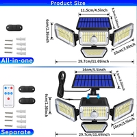 Lampes solaires d'extérieur pour jardin, 278 LED, 1200LM, projecteurs de sécurité, détecteur de mouvement, IP65, étanches, 4 têtes, éclairage mural