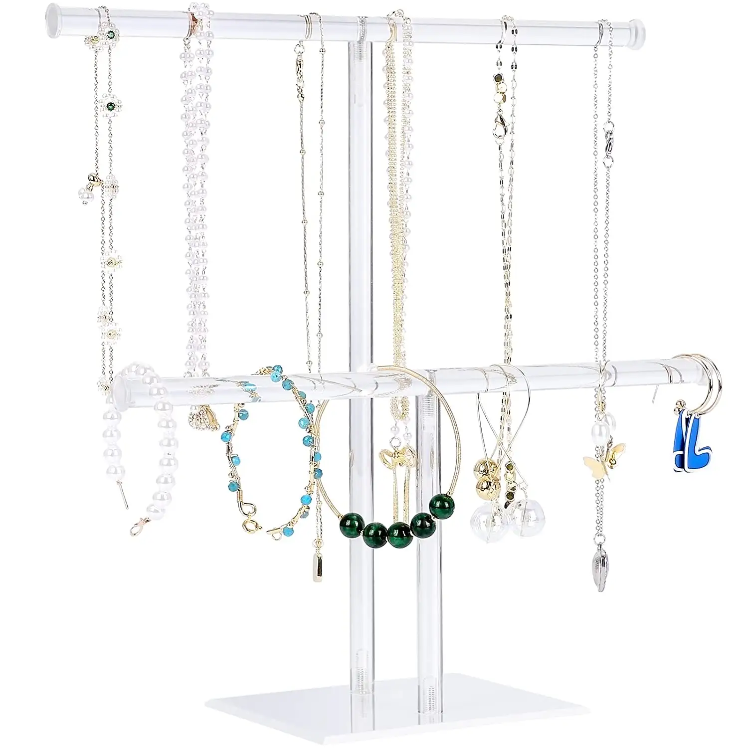Clear 2-Tier T Stand for Bangles Necklaces Bracelets Rings Earrings and Watch Jewelry Stand Acrylic Jewelry Display Holder
