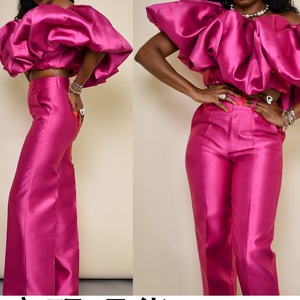 Women's Pleated Ruffled Short-Sleeve <b>Top</b> and Long Pants Satin Solid Color 2-Piece Set Fashion - Product Image 1