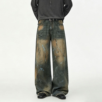 Nouveau jean large à dégradé brun foncé et bleu clair, effet éclaboussures de peinture, peint à la main, effet vieilli, coupe ample, longueur au sol en denim