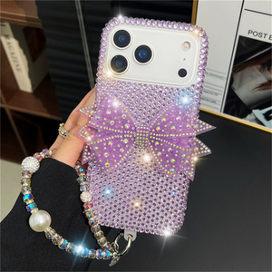 Coque de téléphone de luxe avec breloques nœud papillon en diamant pour iPhone 17 Air 16 Pro Max, chaîne 3D, bracelet Bling, cordon en strass, coque arrière - Product Image 2