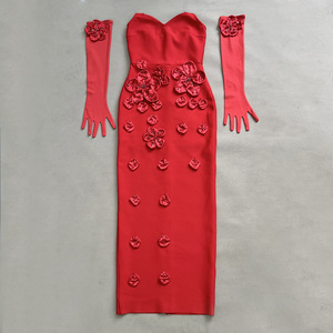 Robe longue élégante rouge à col halter, robe <span class=keywords><strong>de</strong></span> <span class=keywords><strong>soirée</strong></span> <span class=keywords><strong>de</strong></span> luxe pour femmes avec fleurs 3D, dos nu, nœud, robe <span class=keywords><strong>de</strong></span> <span class=keywords><strong>soirée</strong></span> formelle avec longues manches - Product Image 5