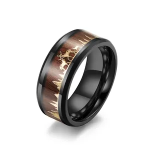 Segmento grueso anillo de bodas hombres Anillos De Compromiso Acero inoxidable ciervo madera titanio acero para mujeres incrustaciones geométricas oro negro