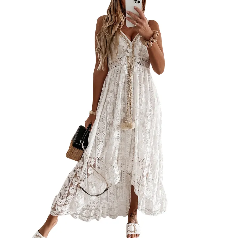 Summer Women Elegant White Lace Long Dress Bohemian Adjustable Straps Beach Summer Long Rooted Dress