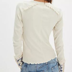 Nueva Llegada Otoño, Top de Algodón de Manga Larga con Cuello Redondo, Bordado Vintage, de Alta Calidad, para Mujer - Product Image 3