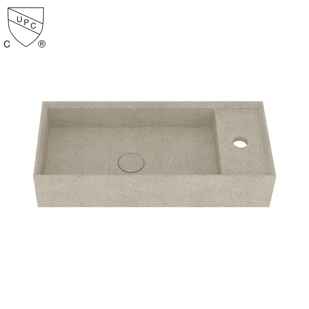 OEM Rechteckiges Badezimmer Beton Waschbecken Wandbehang Becken Kleines Badezimmer Waschbecken Mit Wasserhahn Loch Waschbecken Beton