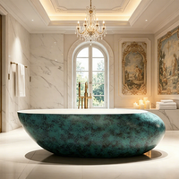 Baignoire ovale autoportante haut de gamme, texture marbre turquoise unique, mobilier de salle de bain moderne et luxueux pour villa et hôtel 5 étoiles