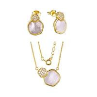 Ensemble de boucles d'oreilles et collier en argent sterling 925 plaqué or rose, motif nid d'abeille hexagonal, pavé de CZ, nacre, bijoux en gros