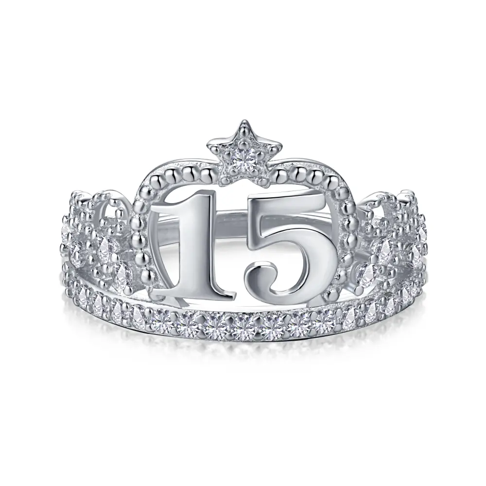 Dylam Symbol Quinceanera Queen of Star Girl Cubic Zircon 15 Years Old Birthday gift Anillo de 15 anos Sterling Silver Rings