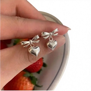 Cute Heart Shape 925 <b>Silver</b> <b>Stud</b> Earrings With Bowknot Women's Everyday Wear Jewelry - Product Image 1