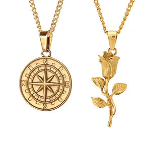 2023 New Vintage Compass Pendant Necklace Rose Charm Stainless Steel 18K Gold Plated Christmas Punk Lion Head Revenge Angel Hot