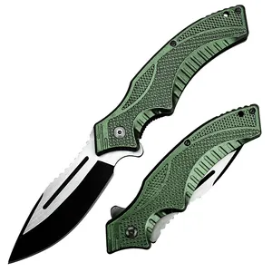 Couteau de poche EDC Couteau pliant tactique 7Cr17 Acier inoxydable Revêtement noir et lame de brosse argentée Manche en aluminium vert