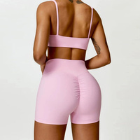 Ensemble de yoga 2 pièces personnalisé pour femme : soutien-gorge push-up et short taille haute respirant, extensible dans les quatre sens, couleur unie, froncé devant pour le fessier, idéal pour la gym et le fitness