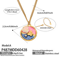 Kalung Wanita Model P487 Rantai Bambu Berlapis Emas 18K dengan Liontin Merek Rose Lukisan Minyak Baja Tahan Karat Prancis.