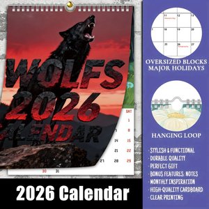 <span class=keywords><strong>Calendrier</strong></span> mural personnalisé Loup 2026 en carton de haute qualité, décoration personnalisée pour la maison et le bureau, calendriers spirales animaux 2027 - Product Image 1