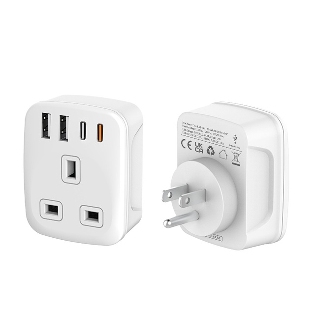LEISHEN CE Approved White/Black 2 USB-A+2 Type-C Power Directly PD 20W UK to EU Travel Adapt 250V 13A 3 Pin to 2 Pin Adaptor