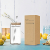 Meilleur prix verre transparent vierge personnalisé de 16oz 20oz pour boire de l'eau, du jus, du thé et du café avec couvercle en bambou et paille en verre
