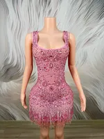Mini-robe en maille à franges scintillantes et cristaux, taille empire, coupe fourreau, pour soirée d'anniversaire, club de danse, luxe
