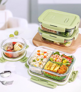 Boîte à <span class=keywords><strong>lunch</strong></span> en <span class=keywords><strong>verre</strong></span> allant au four à micro-ondes avec design compartimenté et couvercle en plastique pour la conservation - Product Image 1