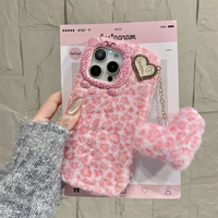 Coque de téléphone Kawaii élégante en peluche imprimé léopard avec oreilles de chat pour iPhone 18 17 Pro Max 16 15 14 13, avec pendentif cœur pompon, protection intégrale