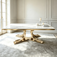Table à manger moderne en marbre, plateau en pierre blanche, base en métal incurvée dorée, table rectangulaire minimaliste pour la maison
