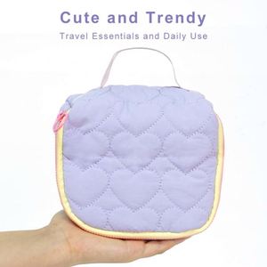 Cute Quilted Heart Jute <b>Makeup</b> <b>Bag</b> <b>Large</b> Capacity Travel Cosmetic Organizer Handle Kawaii Colorful Strap Toiletry Storage Pouch - Product Image 5