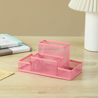 Organisateur de bureau carré en métal durable rose à 4 compartiments, personnalisable, avec porte-stylos et crayons en maille élégante pour bureau, salle de classe, maison, école
