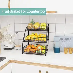 Nuovo arrivo articoli per la casa cestino rimovibile per frutta e verdura in filo metallico nero a 3 strati