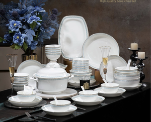 Service <span class=keywords><strong>de</strong></span> table élégant en porcelaine fine bleu et or, 50 pièces, style européen, <span class=keywords><strong>vaisselle</strong></span> <span class=keywords><strong>de</strong></span> mariage <span class=keywords><strong>pour</strong></span> <span class=keywords><strong>8</strong></span> <span class=keywords><strong>personnes</strong></span>, design ondulé, bordure dorée - Product Image 1