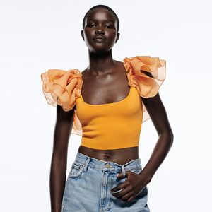 <span class=keywords><strong>Top</strong></span> court avec encolure carrée et manches courtes <span class=keywords><strong>Top</strong></span> décontracté en tricot organza avec volants et tissu assorti - Product Image 3