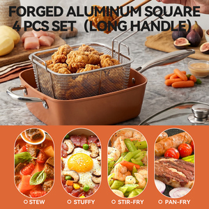 Juego de 4 utensilios de cocina multifuncionales de aluminio antiadherente con mango de acero inoxidable, que incluye olla cuadrada profunda para freír, sartén <span class=keywords><strong>y</strong></span> cesta para freír/vaporera - Product Image 3