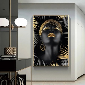 Affiche murale Art déco moderne : Portrait de <span class=keywords><strong>femme</strong></span> africaine maquillée en noir et or sur toile, décoration pour salon et maison - Product Image 1