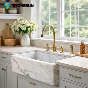 Lavello da <span class=keywords><strong>Cucina</strong></span> in Marmo Bianco Calacatta Stile Americano Classico StoneSun, Lavello a Grembiule Personalizzato in Marmo, Lavabo in Pietra - Product Image 5