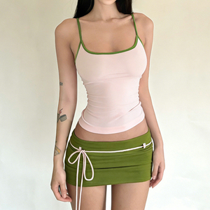 Ensemble deux pièces style vacances, couleur contrastante, sexy, pour femme, avec mini-jupe moulante à fines bretelles et nœud, doux et épicé - Product Image 5