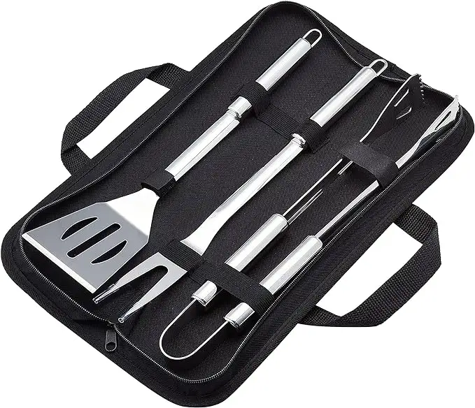 Set di strumenti per grigliare barbecue in acciaio inox 4 pezzi Set di strumenti per cucinare all'aperto con borsa di tela