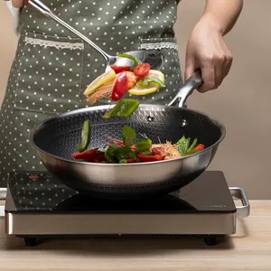 304 Stainless Steel Induction Cooker Compatible Non-Stick Cookware Honeycomb Wok Skillets and Frying Pan with Glass Lid