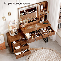 Table de maquillage moderne avec miroir tactile rétractable grand format, éclairage réglable et étagères de rangement
