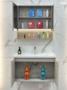 Meuble-lavabo mural minimaliste kaki, mobilier de salle de bain en acier inoxydable avec miroir semi-ouvert et lavabo en céramique sans joint - Product Image 5