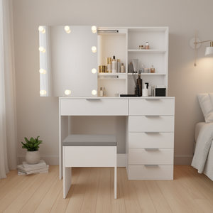 Moderno Set de Tocador Blanco con Espejo Iluminado, 6 Cajones, 2 Estantes, Diseño de Panel de Madera para Dormitorio - Product Image 2