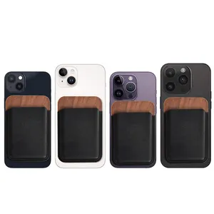 PU leather Wood Mobile Phone Wallet Card Holder Magnetic Wallet Card Holder With Powerful Magnet for iPhone 15 Pro Max/ 14