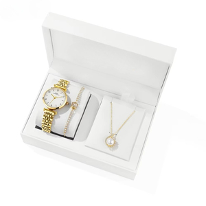 Ensemble de montres pour femmes de luxe en 3 pièces, montre en acier inoxydable doré à quartz, collier avec pendentif en perle et bracelet en cristal, ensemble cadeau élégant - Product Image 2