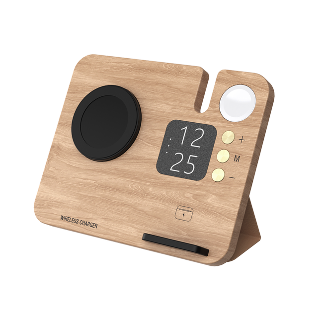 Retro Style Digital Clock Desktop 3-in-1 Foldable Wood Wireless Charger Station Stand for iPhone 16 Pro Max Earphone Watch